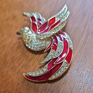Red and Gold Crystal Bird Brooch - Elegant Women's Jewelry. Signed